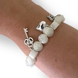 Elegant White Recycled Beads Bracelet with Silver Charms